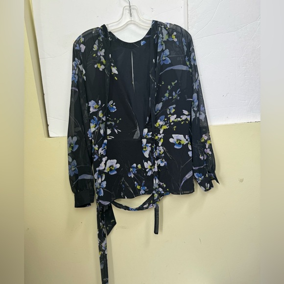 REISS Robbie Floral Printed Blouse Semi Sheer Pleated Keyhole Peplum Tie Flowy - Picture 5 of 16